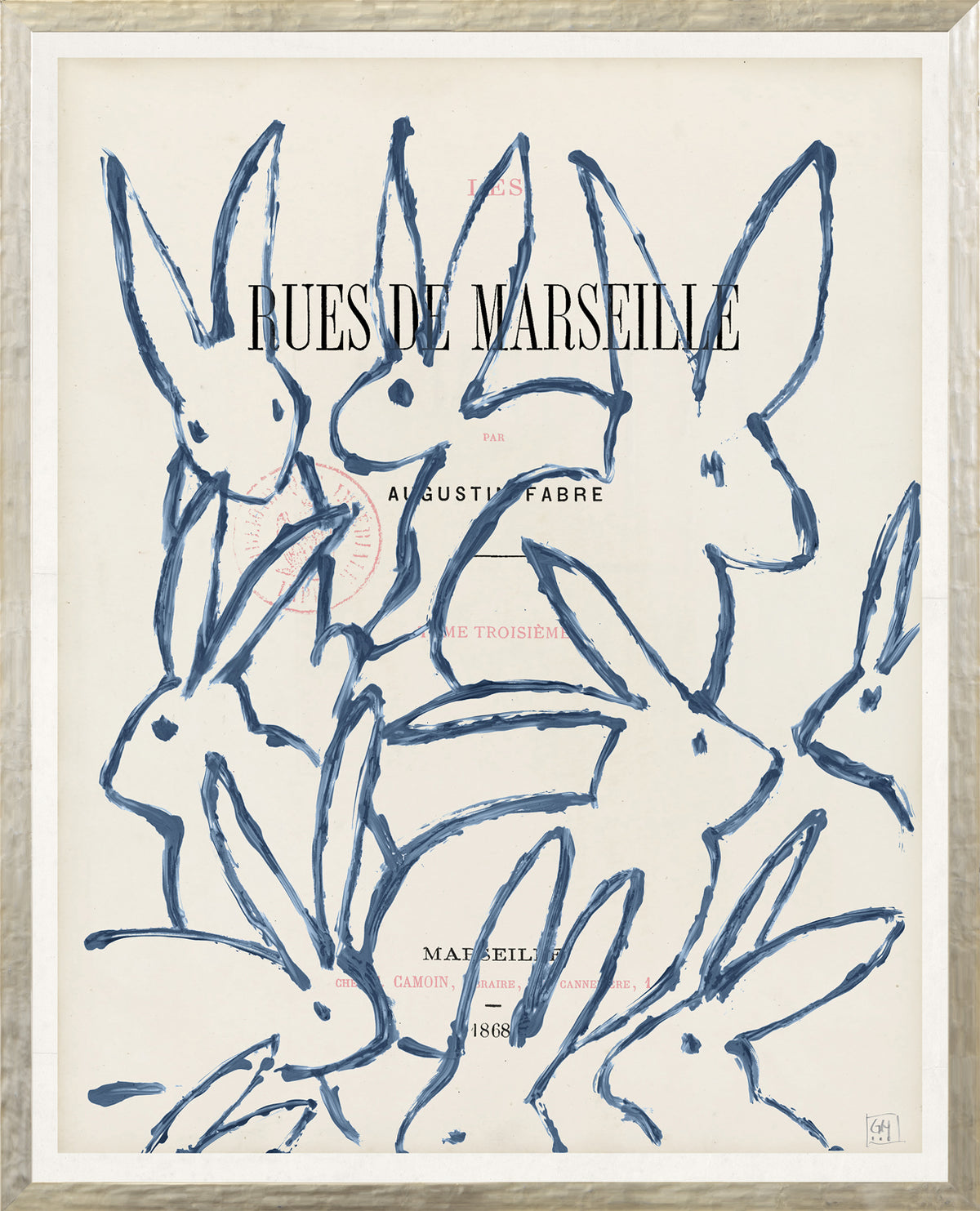 Parisienne Page XII wall art featuring blue outlined rabbits on a cream background