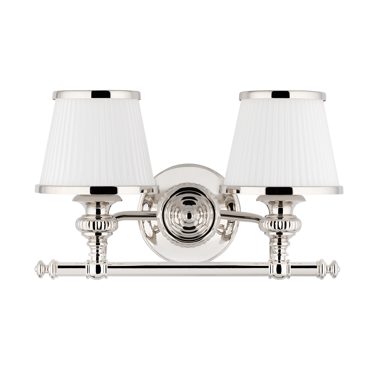 Milton Bath And Vanity 15.5" in polished nickel shown from a second angle to highlight the arm spread and shade silhouette.