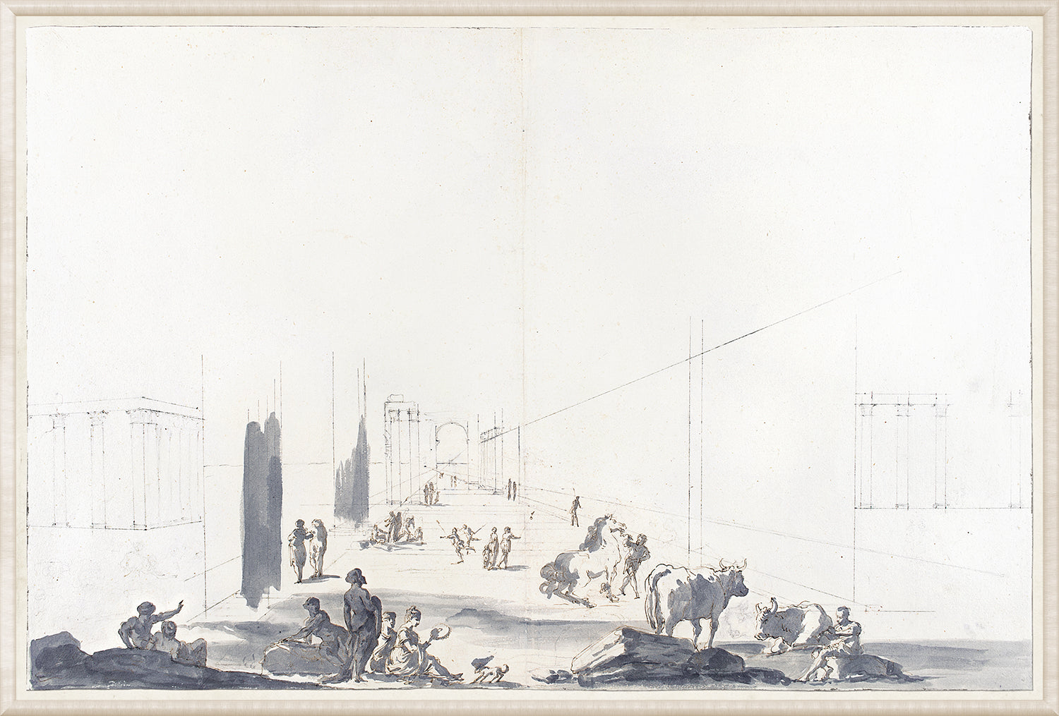 Italian Perspective, Bologna 1779 wall art featuring a sketch of figures and animals in a landscape.
