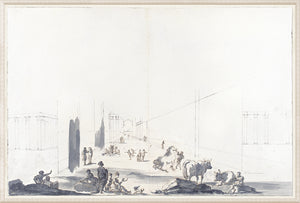 Italian Perspective, Bologna 1779 wall art featuring a sketch of figures and animals in a landscape.