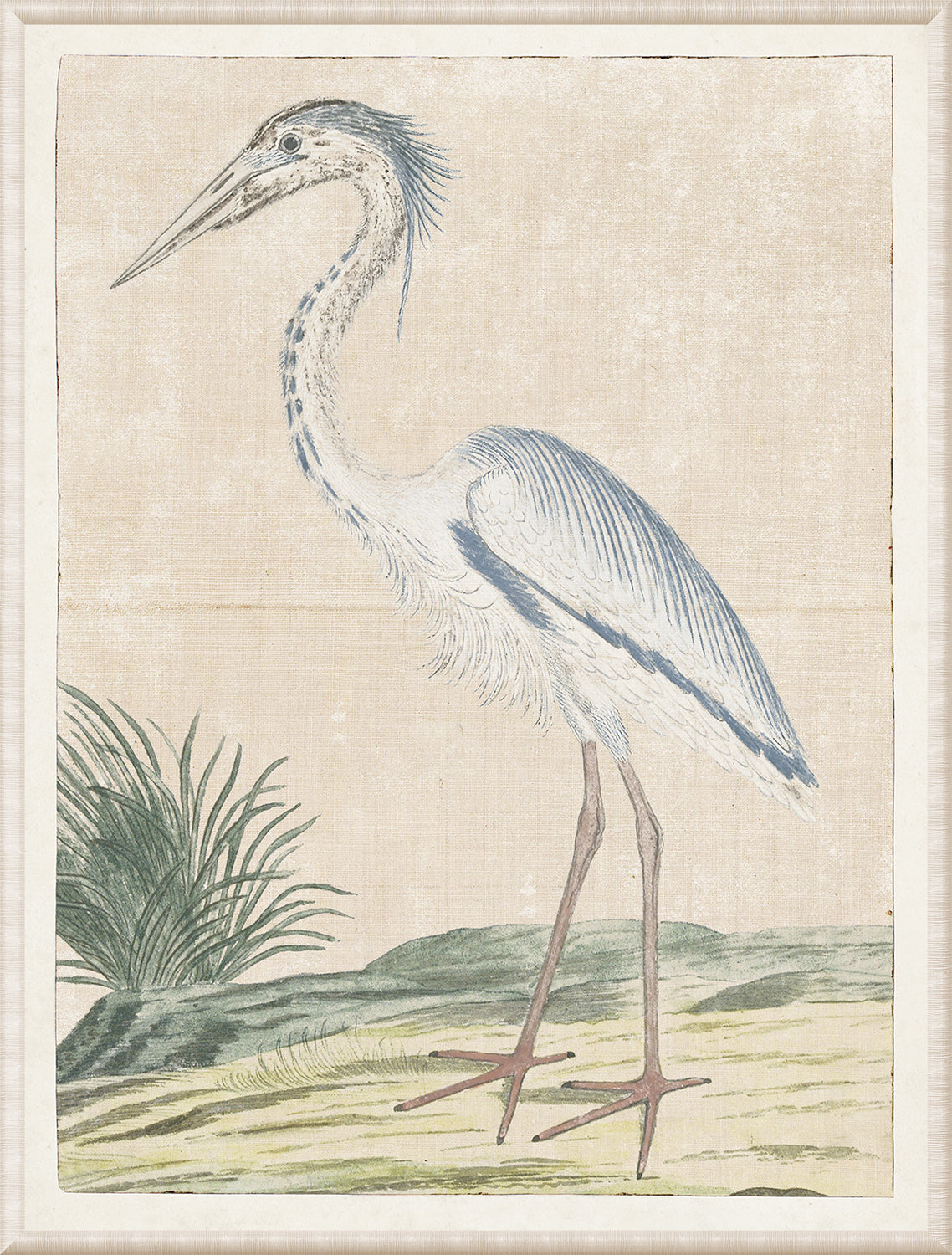 Gordon – Grey Heron wall art featuring a detailed illustration of a heron in blue and white on a textured background.