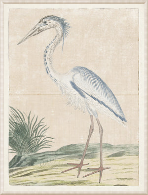 Gordon – Grey Heron wall art featuring a detailed illustration of a heron in blue and white on a textured background.