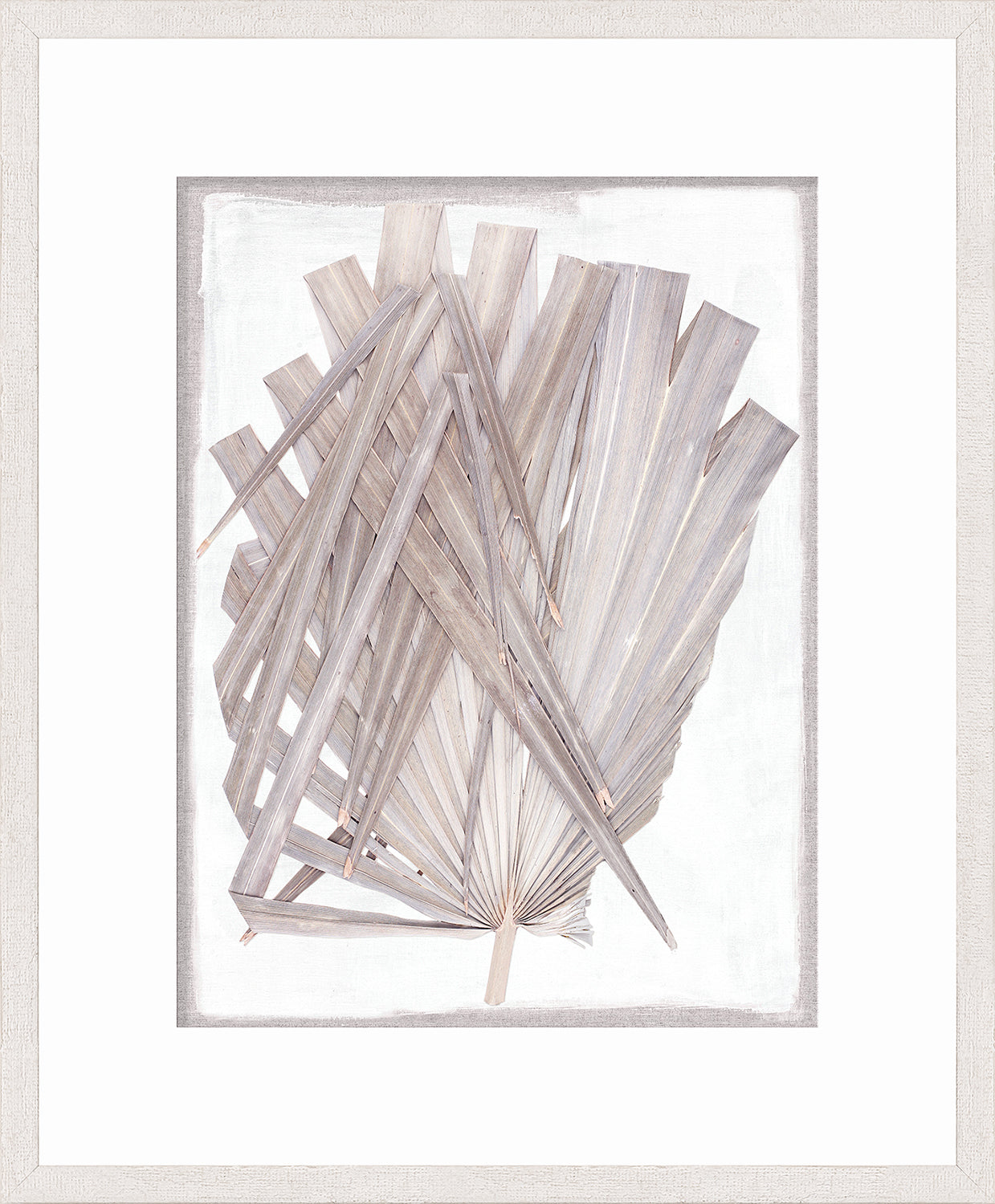 Palm Pressings I – Lilac Grey wall art featuring layered palm leaves in soft grey tones.