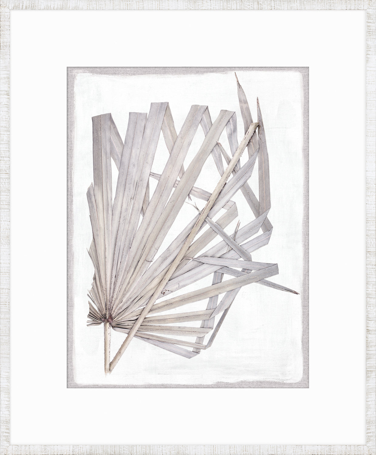 Palm Pressings III – Lilac Grey wall art featuring a dried palm leaf in soft grey tones on a white background.