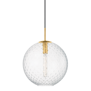 Rousseau Pendant 14.25" in aged brass shown from a second angle to highlight the shade shape and metal detail.
