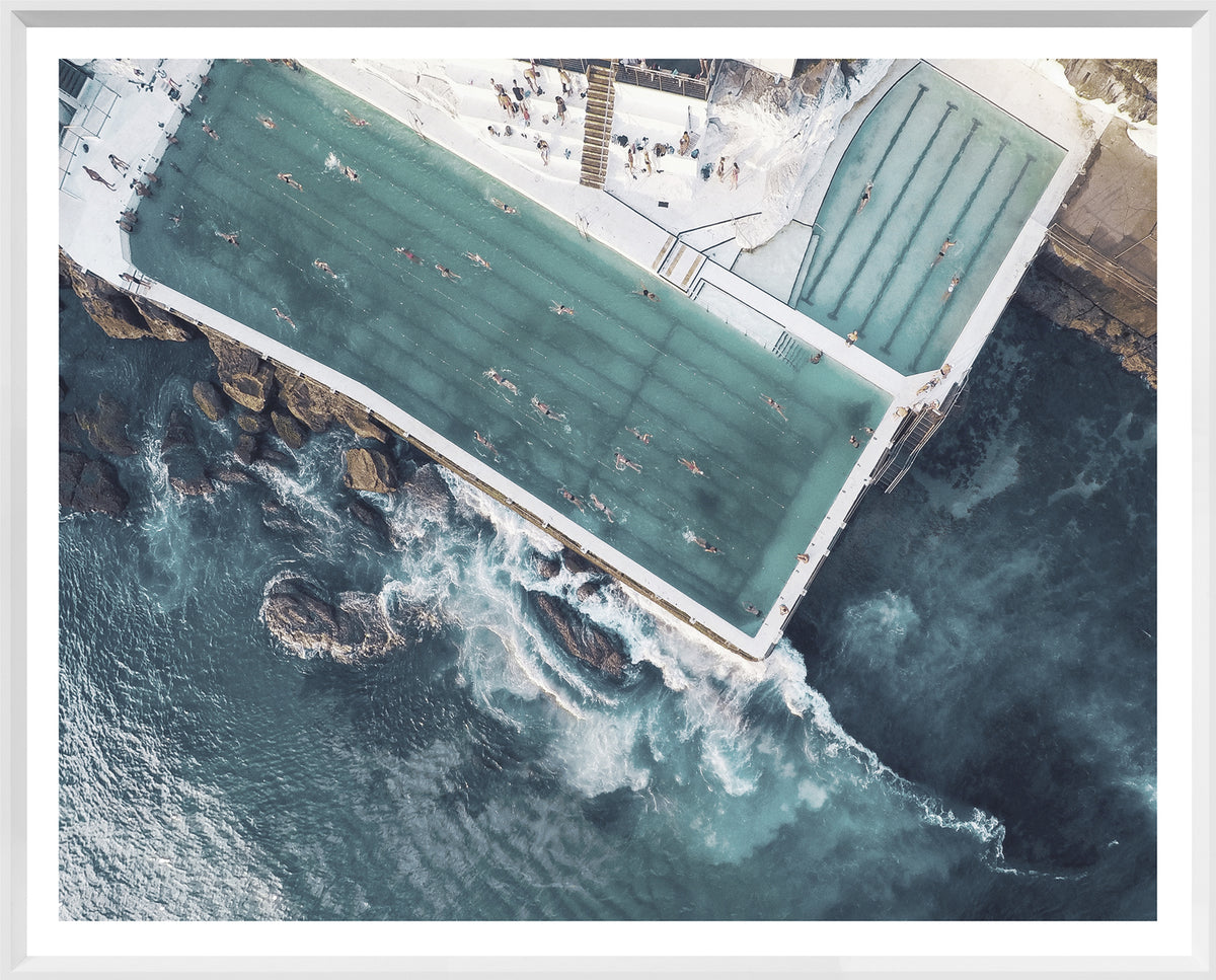 Bondi Ocean Pool wall art featuring an aerial view of swimmers in turquoise water.