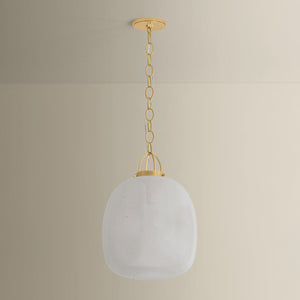 Enosburg Pendant 16" in aged brass shown from the front to reveal the shade shape and metal detail.