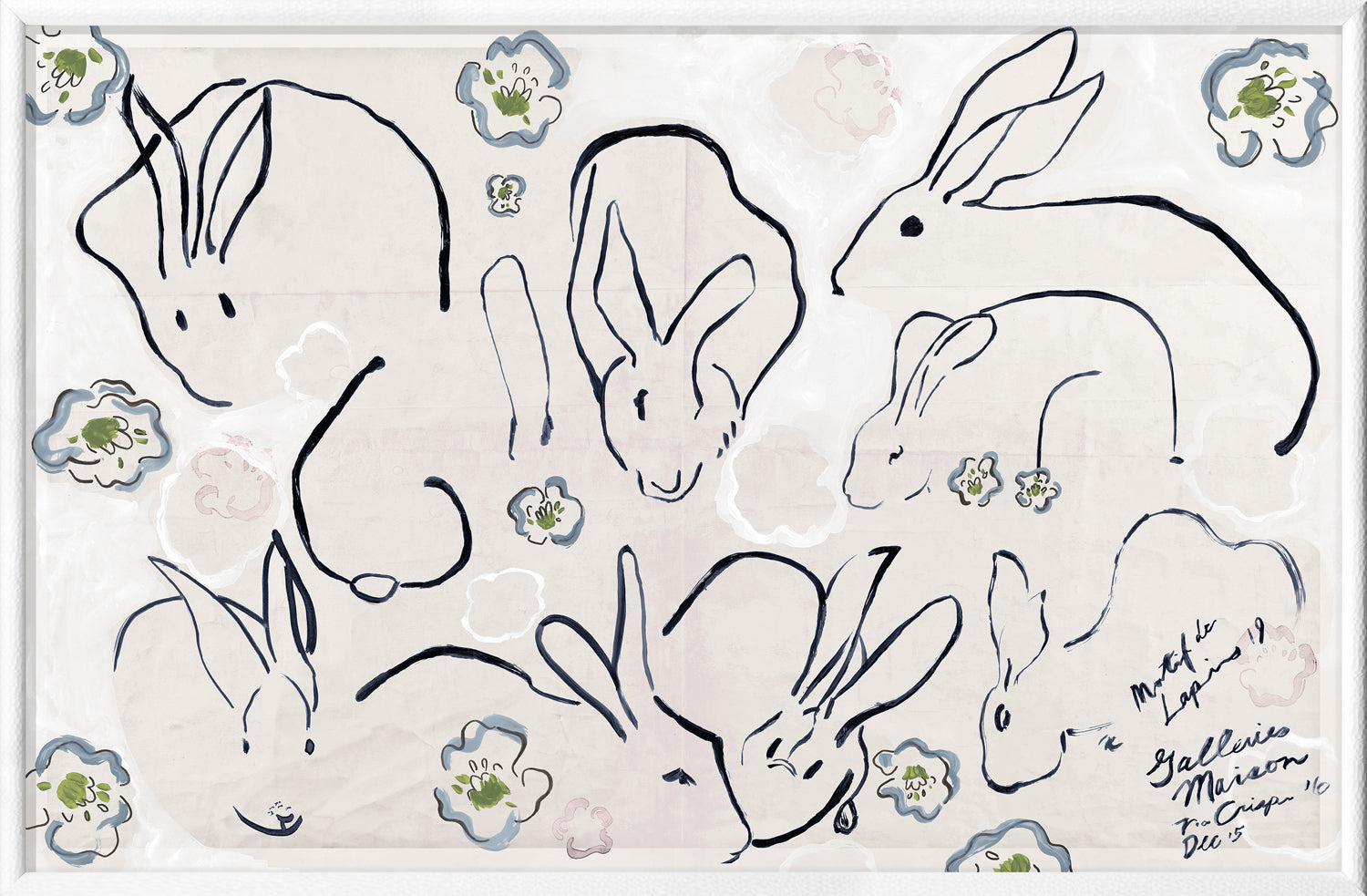 Lapins wall art featuring playful rabbit sketches on a light background with floral accents.