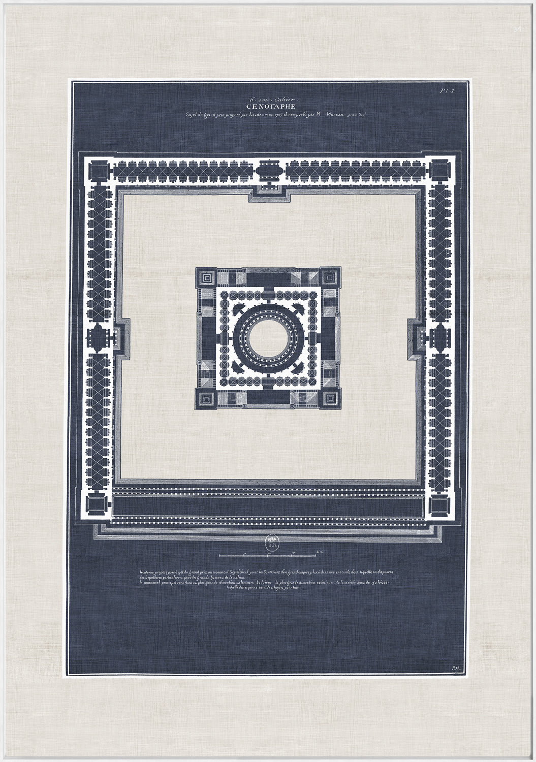 French Architectural Views I wall art featuring a detailed architectural plan in navy and white.