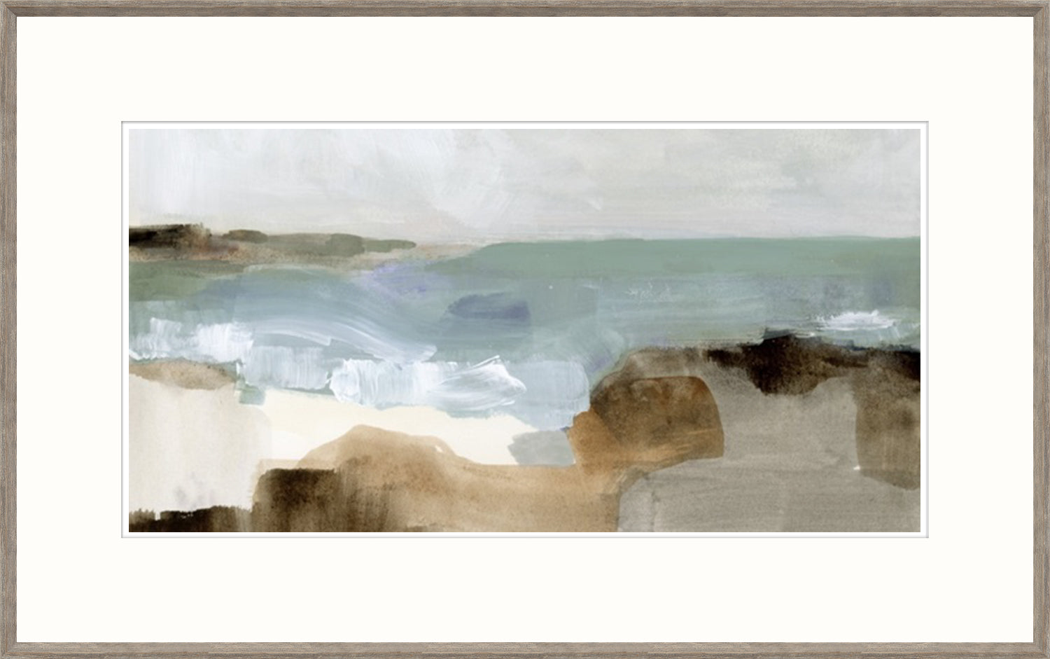 Ocean Sigh III wall art featuring abstract coastal scene in soft blues and browns, framed.