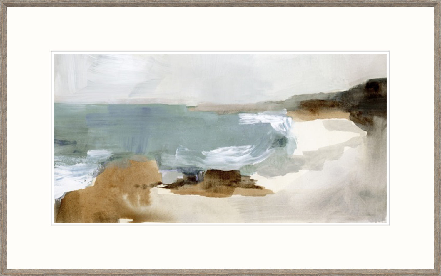 Ocean Sigh IV wall art featuring soft blue and beige abstract ocean scene with gentle waves.