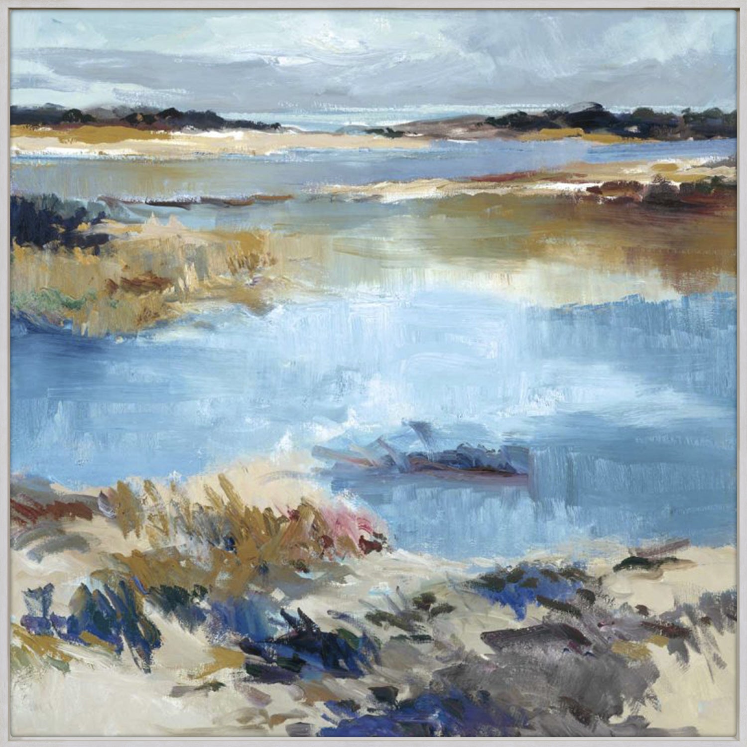 Water Way wall art featuring a serene landscape with water and grasses in soft blue and earthy tones