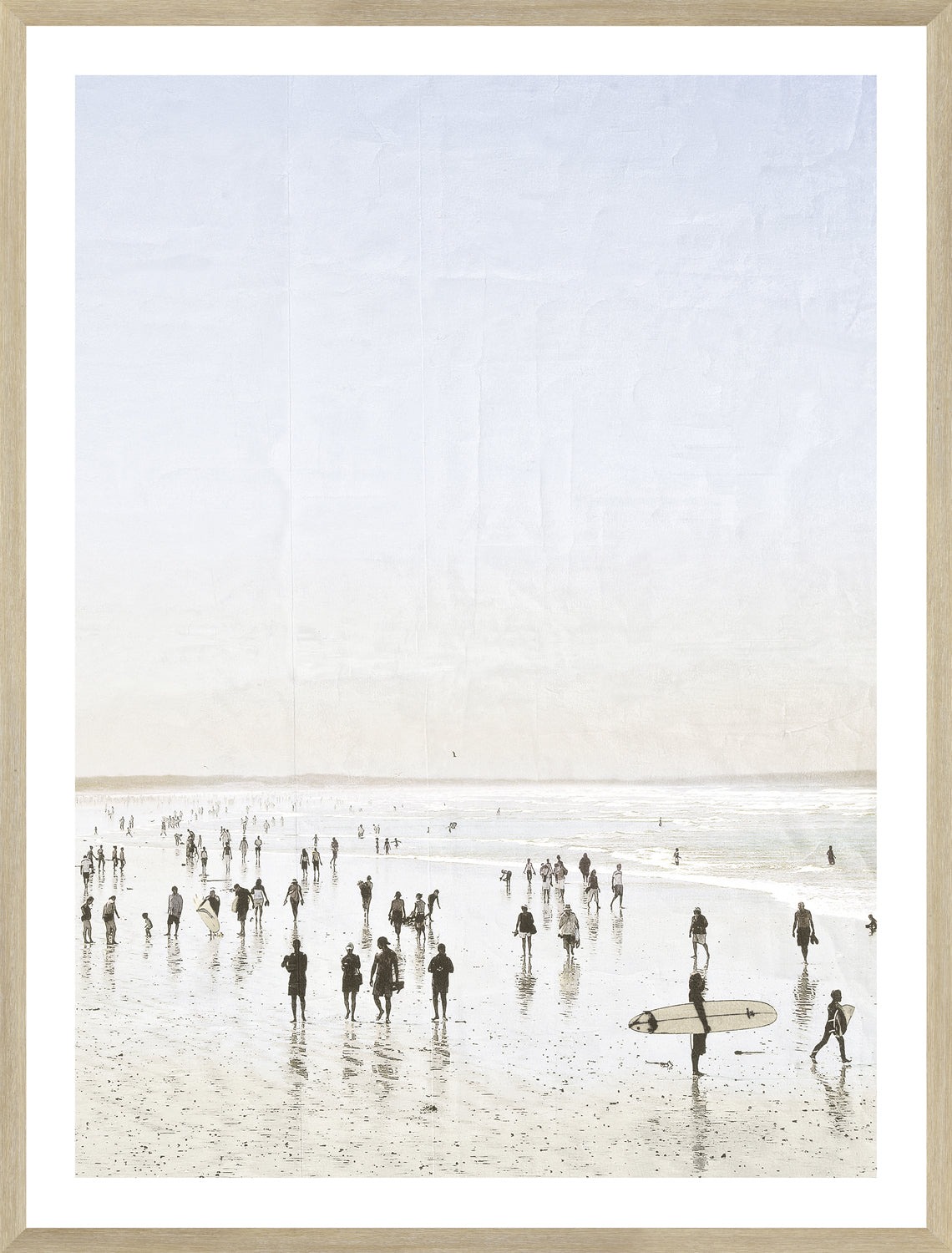 Idyllic Surf II wall art featuring a beach scene with surfers and beachgoers, soft pastel colors.