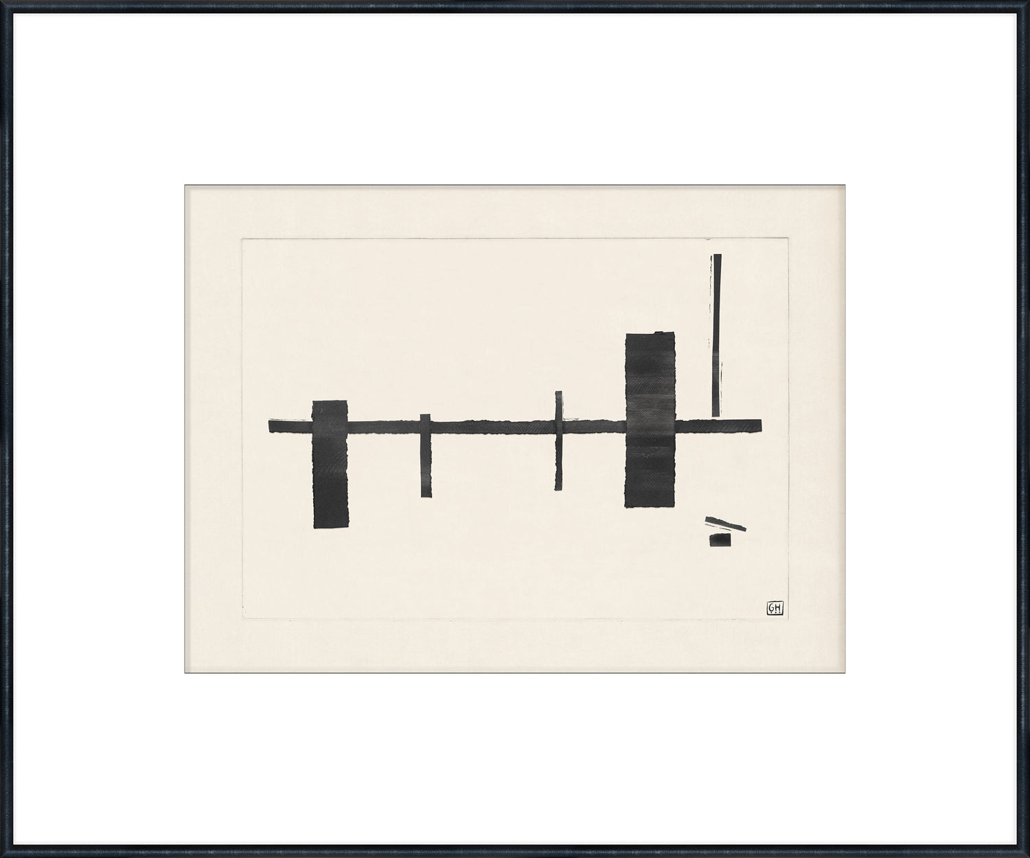 Matchsticks I wall art featuring abstract black shapes on a cream background, framed.