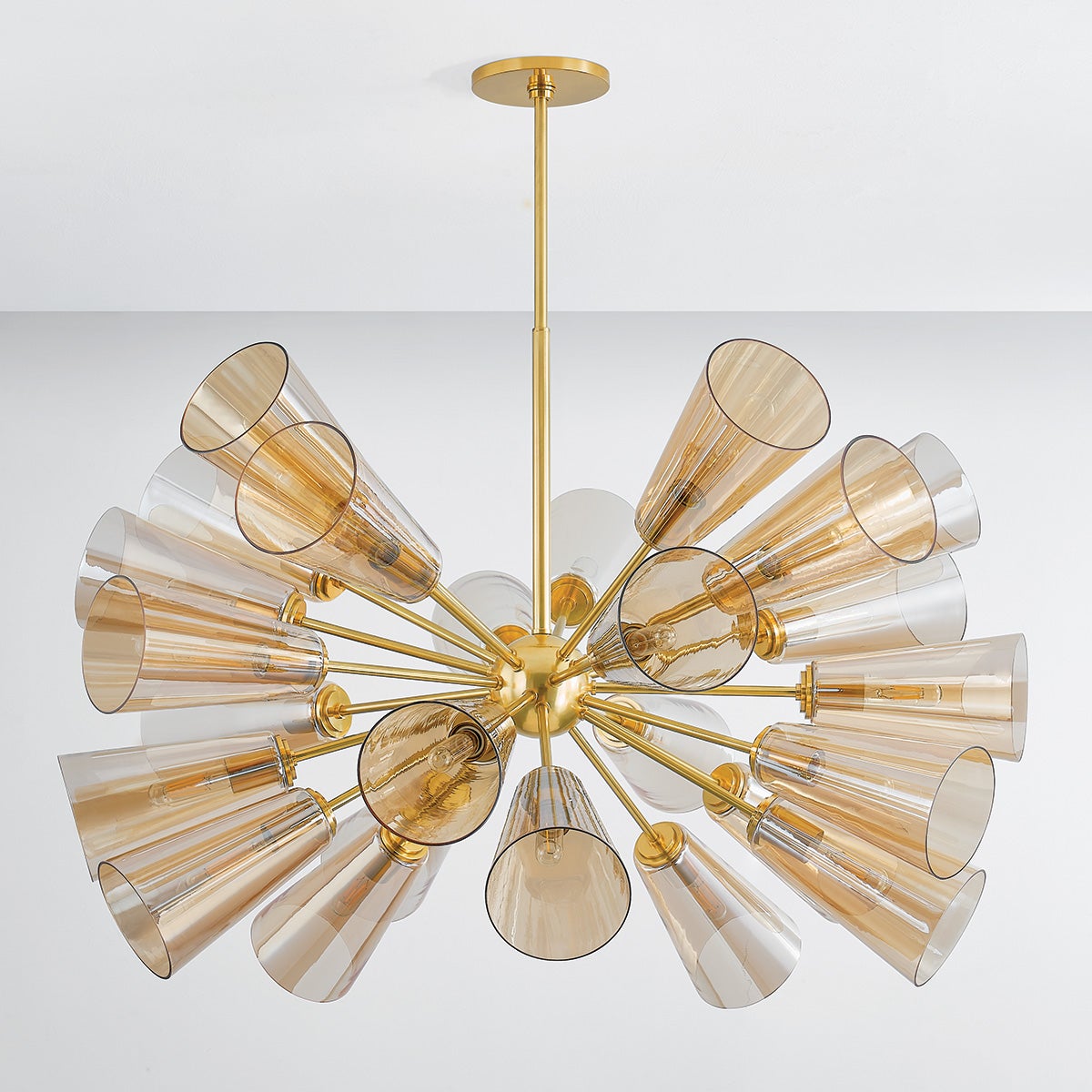 Hartwood Chandelier 45" in aged brass shown from a second angle to highlight the frame, arms, and shade detail.