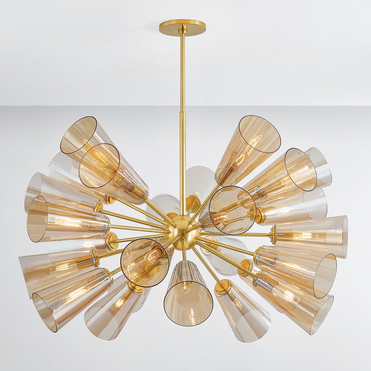 Hartwood Chandelier 45" in aged brass shown from the front to reveal the frame, arms, and shade detail.