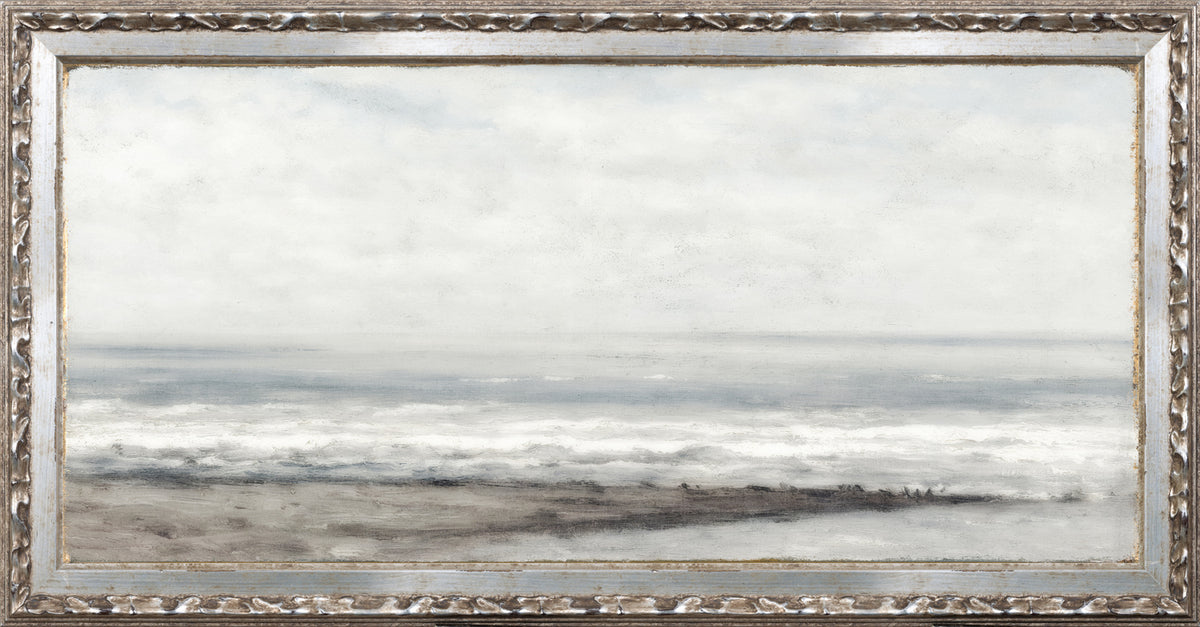 Petite Scapes – Seascape Near Heijst wall art featuring soft gray and blue ocean waves under a cloudy sky.