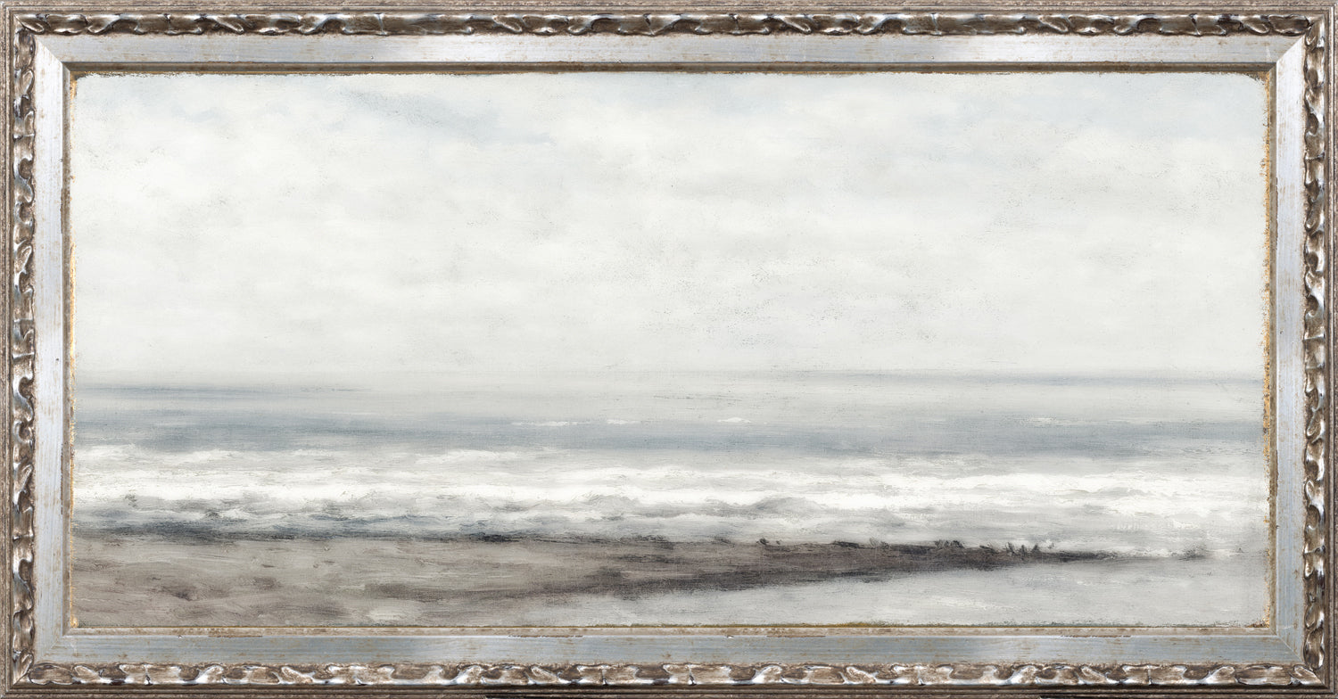 Petite Scapes – Seascape Near Heijst wall art featuring soft gray and blue ocean waves under a cloudy sky.
