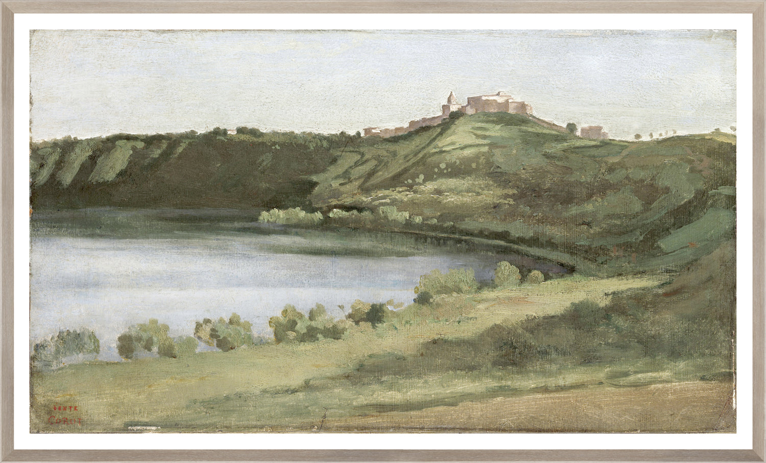 Lake Albano and Castel Gandolfo wall art featuring a serene landscape with hills and water, painted in soft greens and blues.