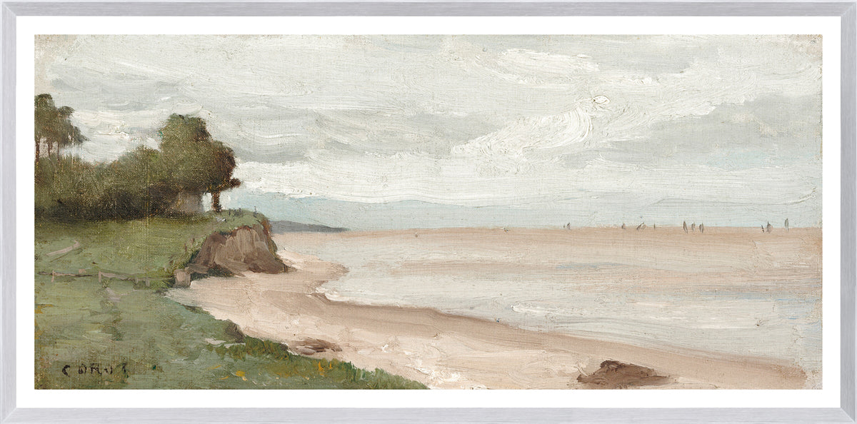 Beach Near Etretat C. 1872 wall art featuring a coastal scene with cloudy skies and greenery.