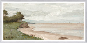 Beach Near Etretat C. 1872 wall art featuring a coastal scene with cloudy skies and greenery.