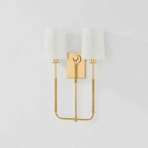 Glenmont Wall Sconce 14" in aged brass shown from the front to reveal the arm curve and shade silhouette.