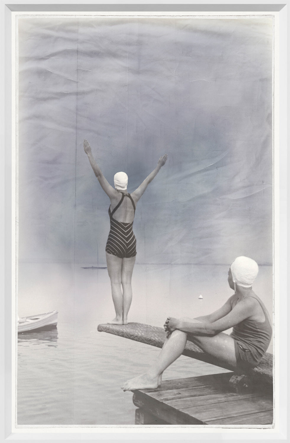 Indigo Stained – Camp Divers wall art featuring two vintage swimmers by a lake