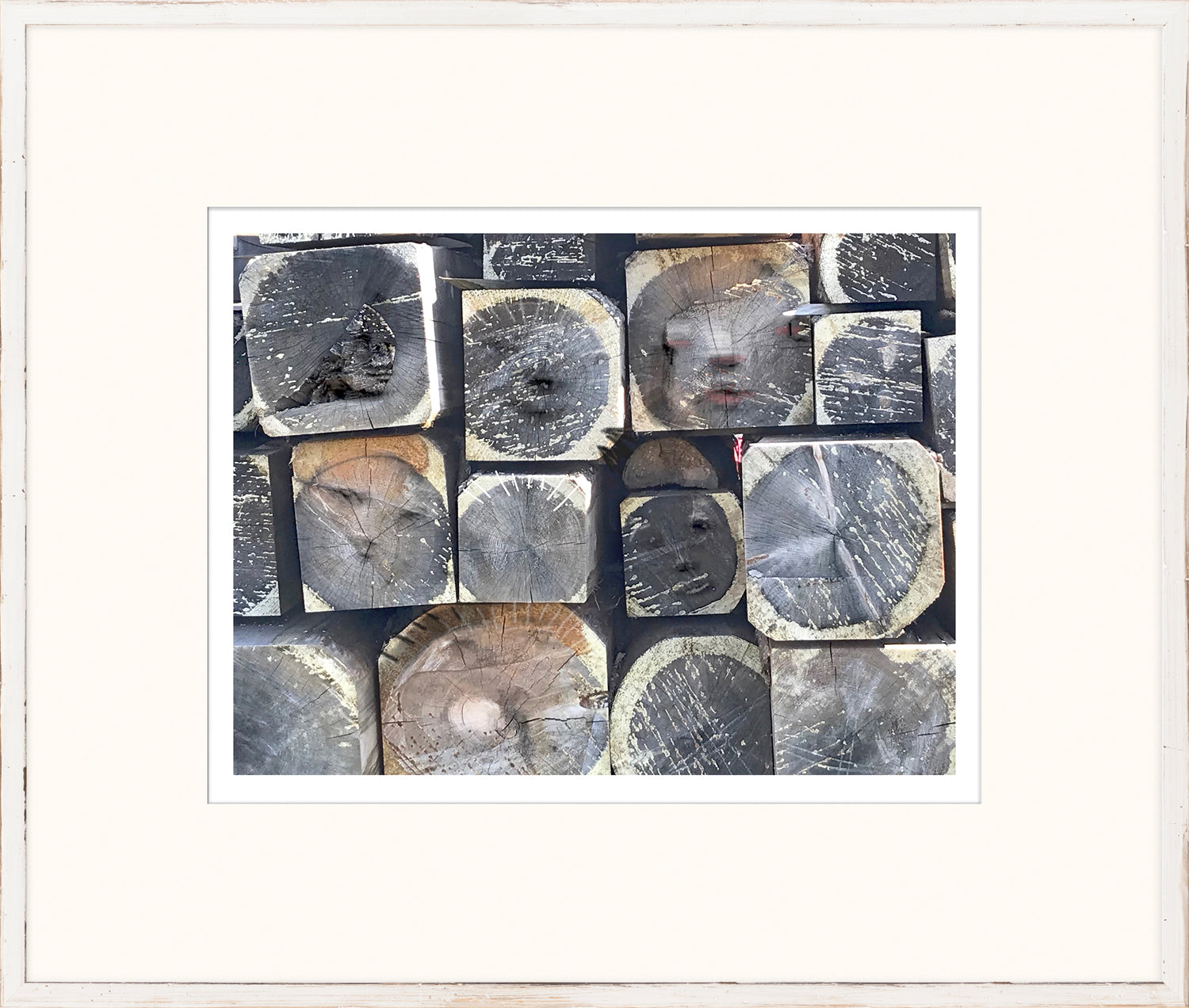 The Hidden Series VI wall art featuring textured wooden blocks with abstract faces.