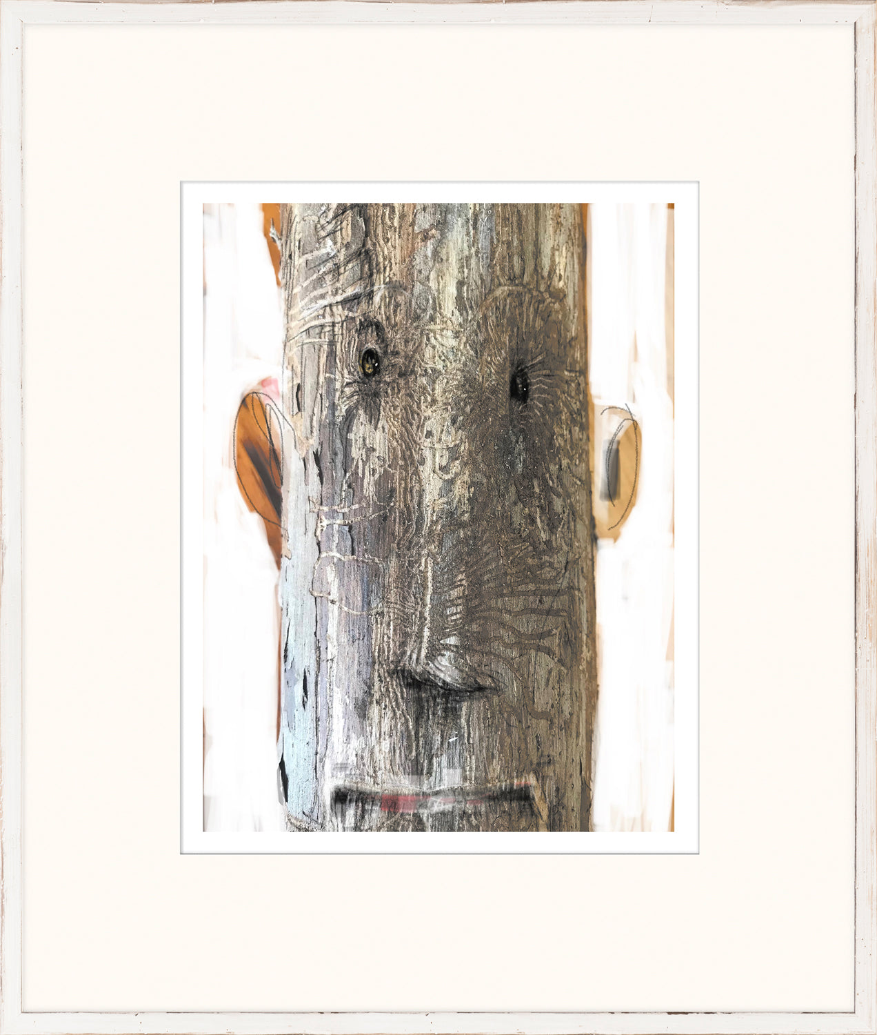 The Hidden Series XI wall art featuring a textured wooden face with dark eyes and subtle colors.