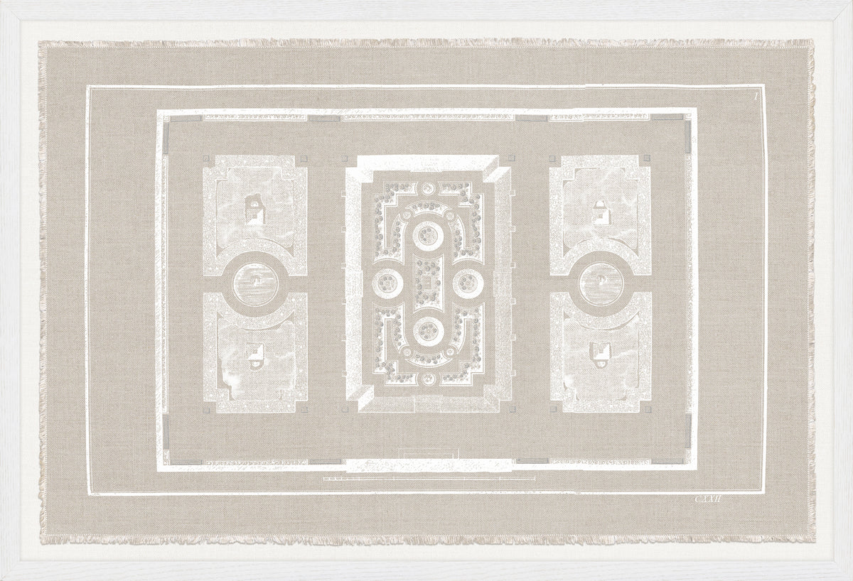 Parterre Classique I wall art featuring a beige and white garden design with intricate patterns.