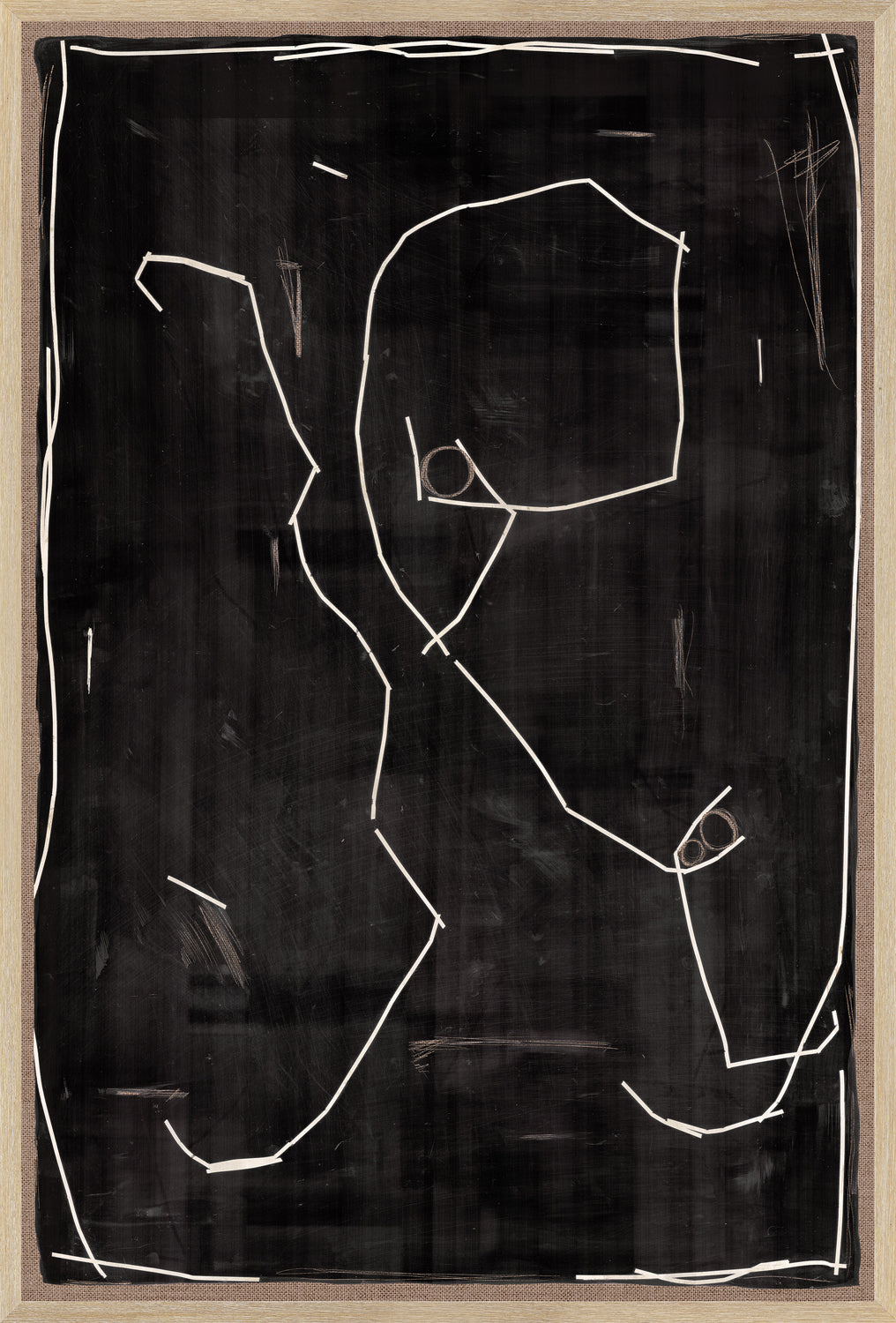 Modern Hieroglyph I wall art featuring white lines on a black background, framed in light wood.