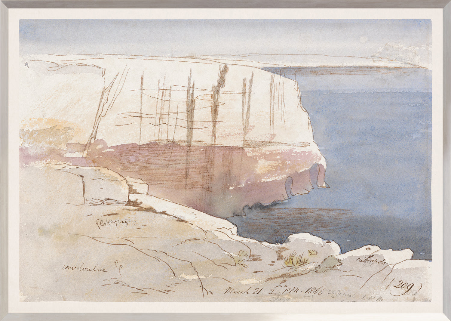 Lear – Watercolour Series, Sky Blue I, soft watercolor landscape with cliffs and sea, pastel colors.