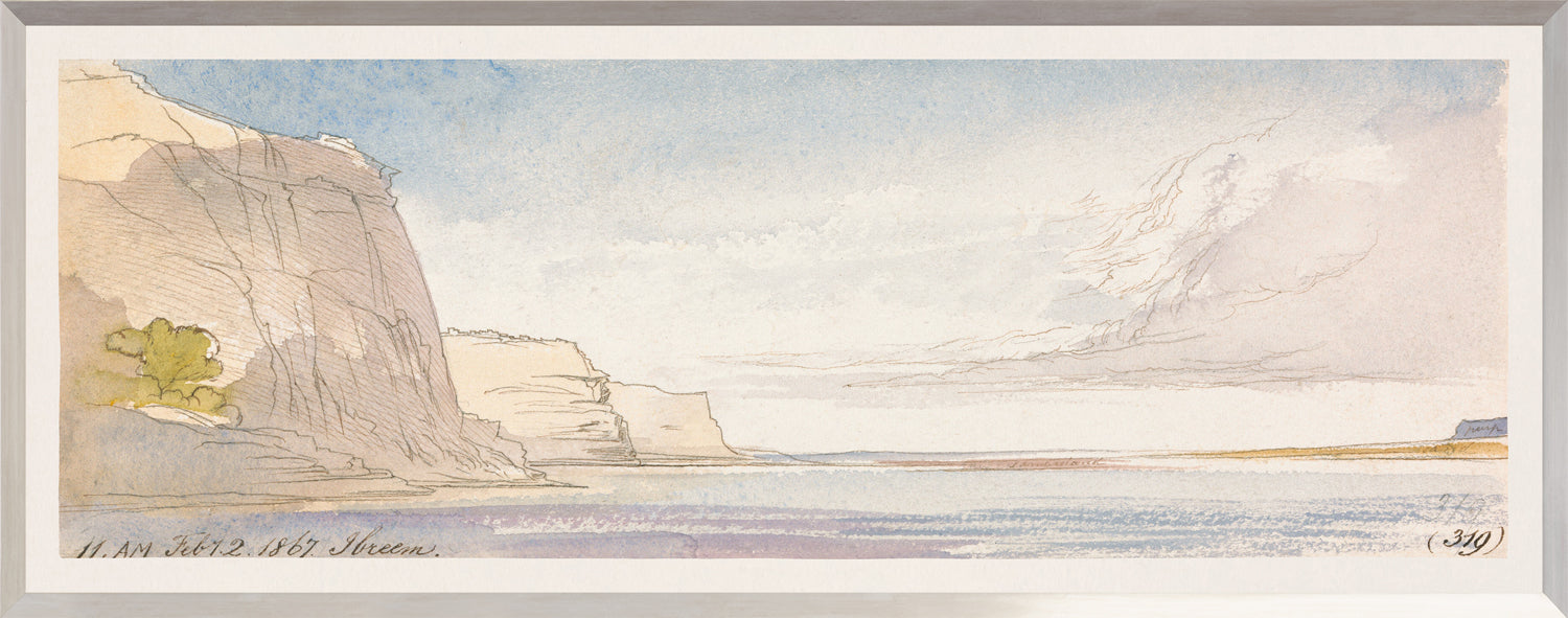 Lear – Watercolour Series, Sky Blue IV wall art featuring soft blue and beige landscape with cliffs and water.