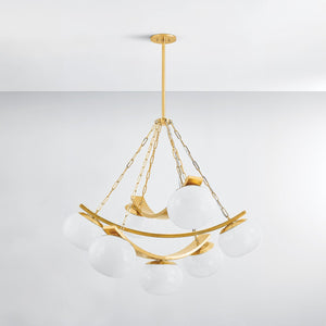 Duxbury Chandelier 43.75" in aged brass shown from the front to reveal the frame, arms, and shade detail.
