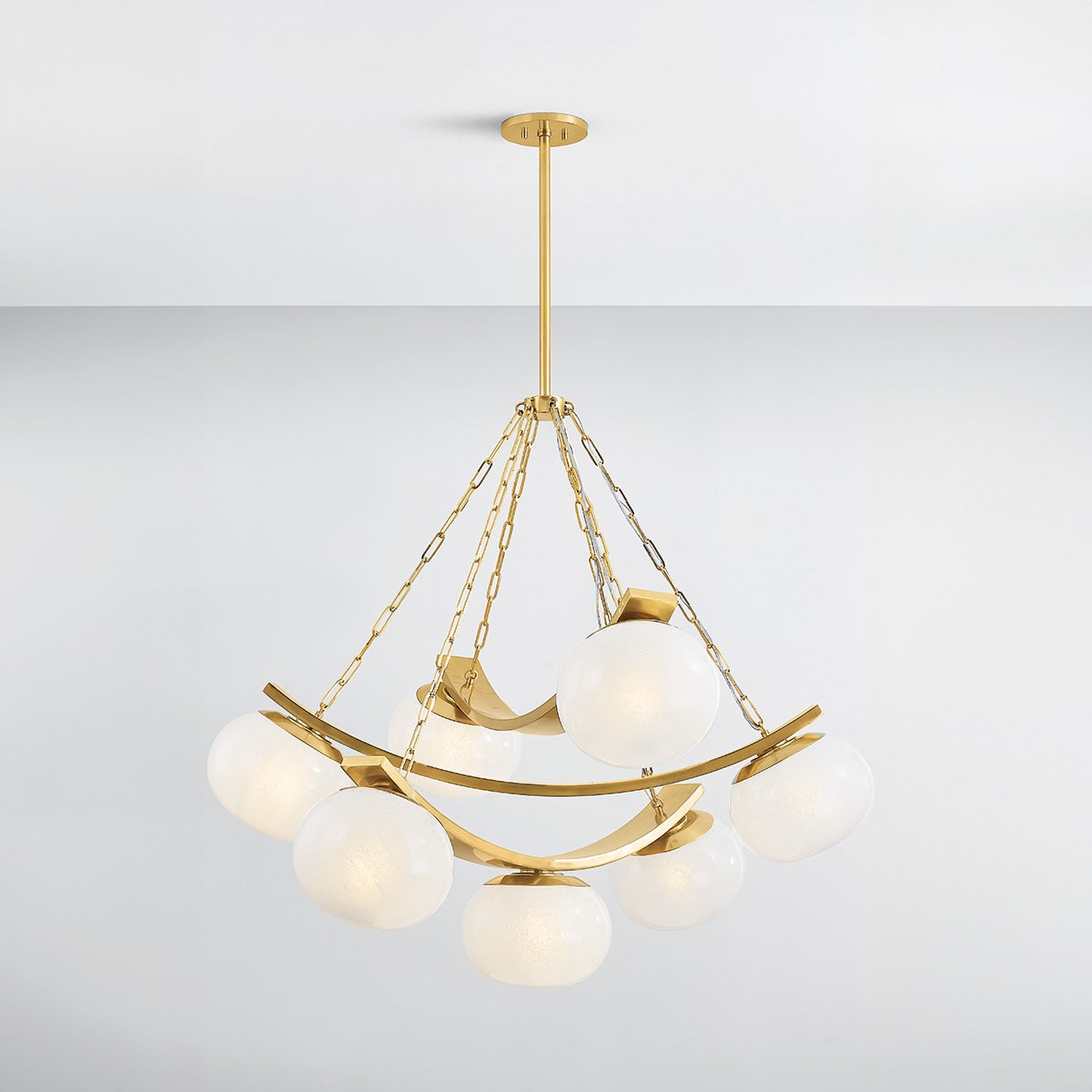 Close-up of the Duxbury Chandelier 43.75" in aged brass showing the frame, arms, and shade detail.