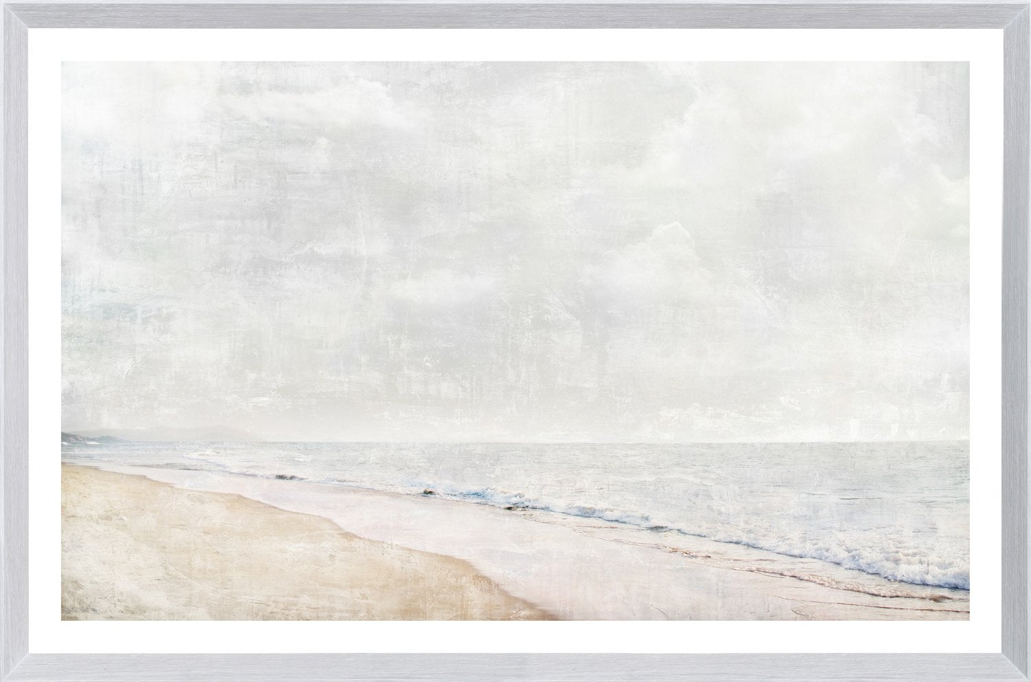 Pastel Tide wall art featuring a serene beach scene with soft clouds and gentle waves