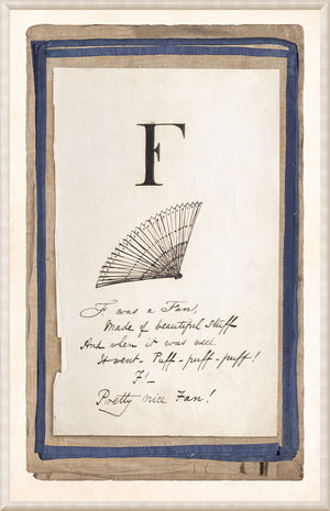 Edward’s Alphabet – F, C. 1857 wall art featuring an illustrated fan and handwritten text.