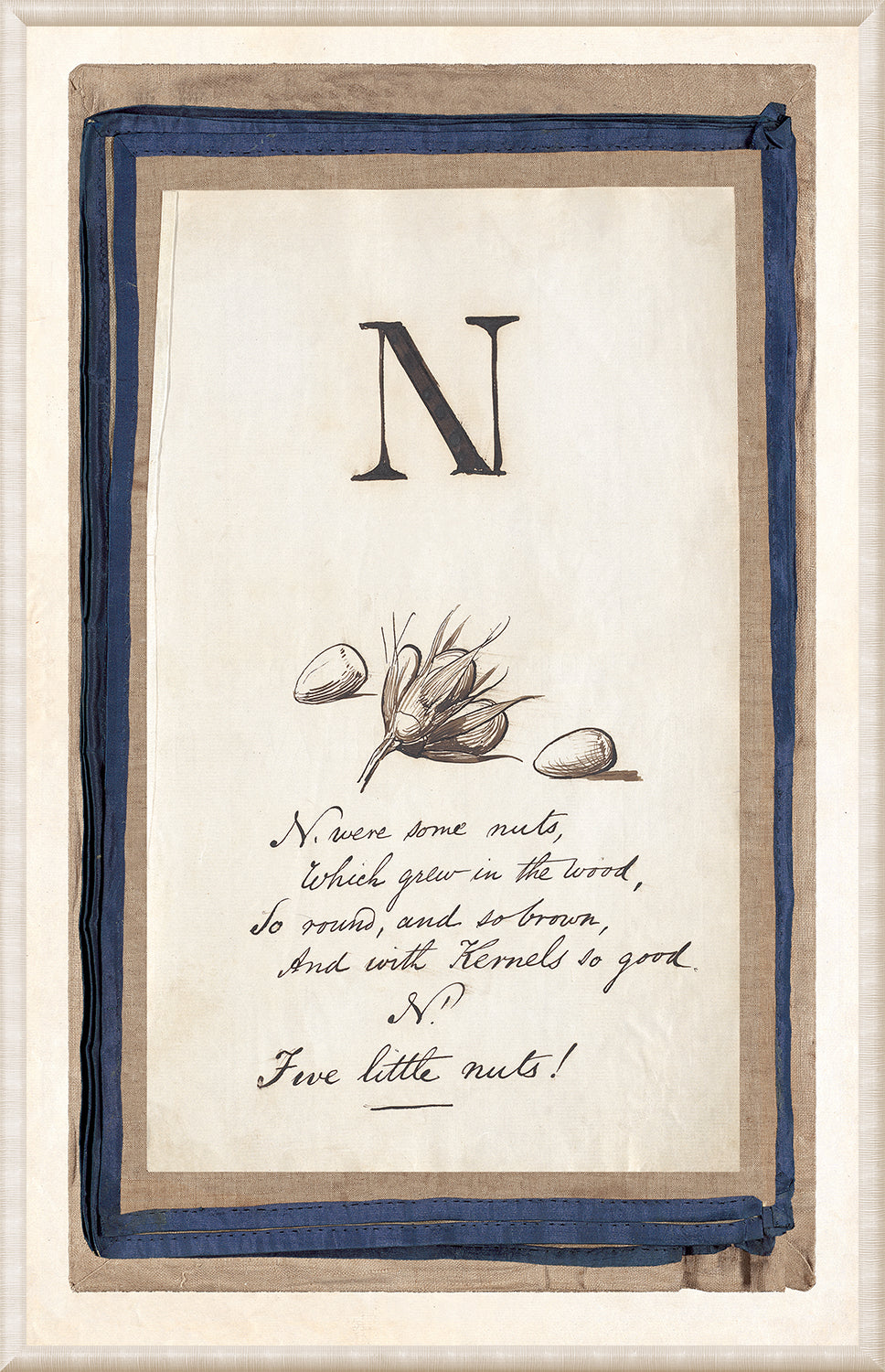 Edward’s Alphabet – N, C. 1857 wall art featuring a large 'N' with nuts illustration and handwritten poem.
