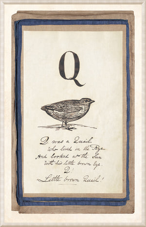 Edward’s Alphabet – Q, C. 1857 wall art featuring a quail illustration and decorative border.
