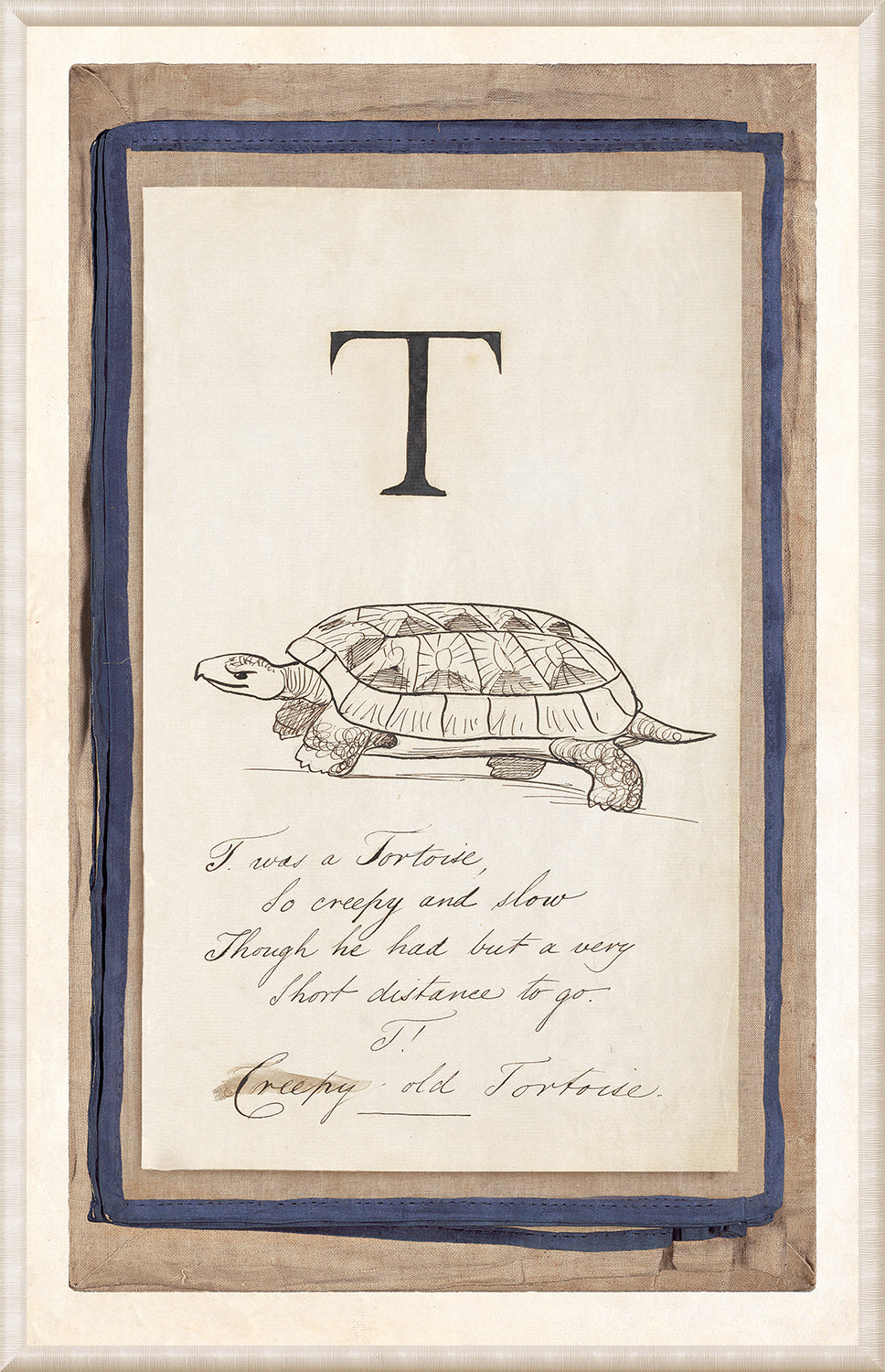 Edward’s Alphabet – T, C. 1857 wall art featuring a turtle illustration and handwritten text.