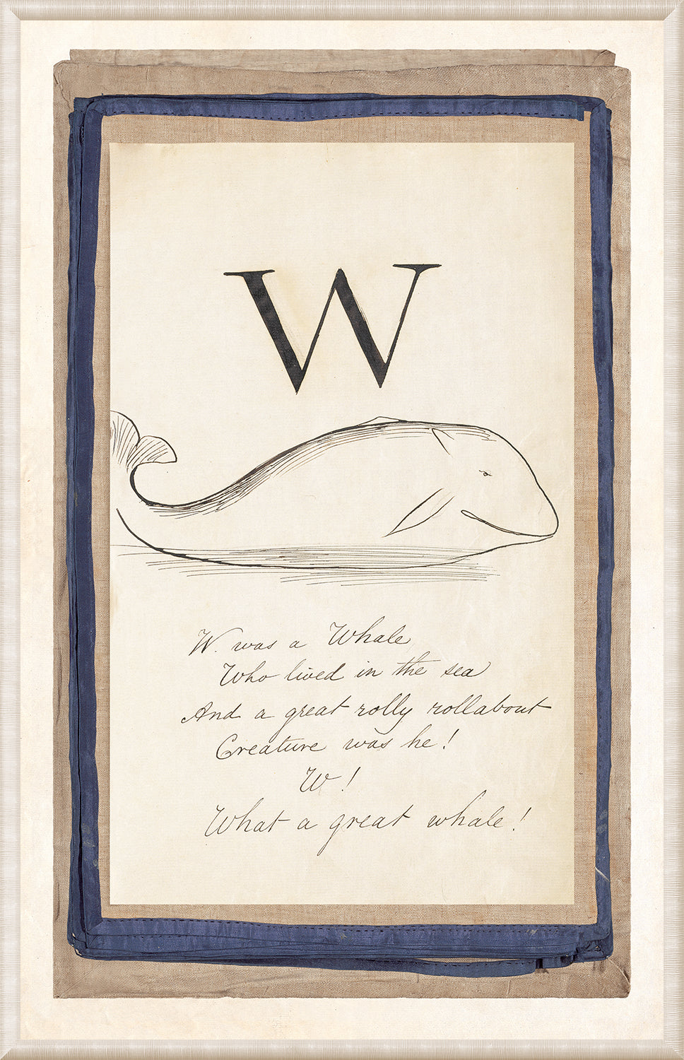 Edward’s Alphabet – W, featuring a whale illustration and handwritten text on a beige background.