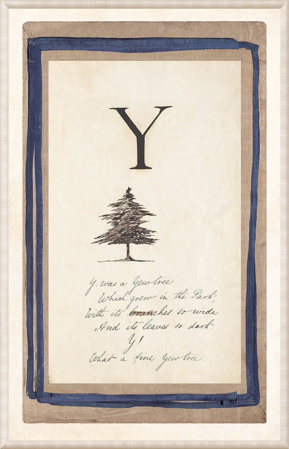 Edward’s Alphabet – Y, C. 1857 wall art featuring a large letter Y and a tree illustration.