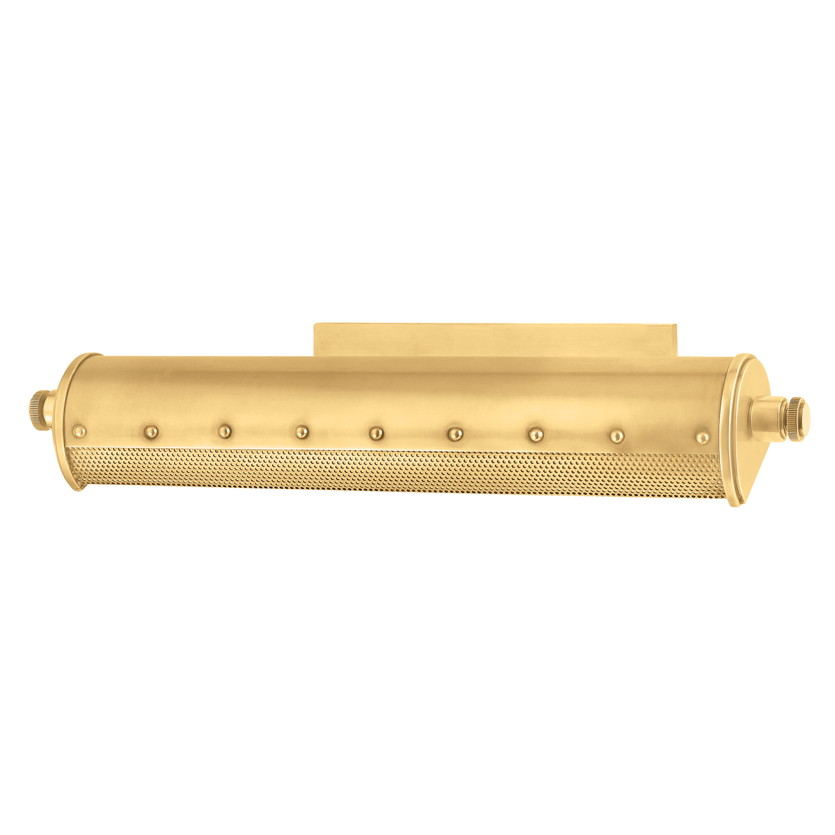 Close-up of the Gaines Picture Light in aged brass showing the arm curve and shade silhouette.