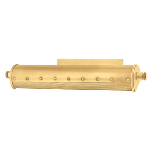 Close-up of the Gaines Picture Light in aged brass showing the arm curve and shade silhouette.