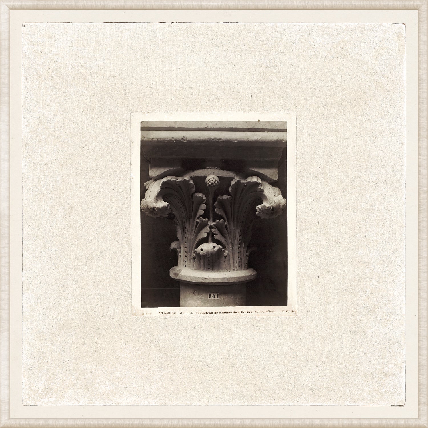 Gothic Details III wall art featuring a detailed stone column capital with ornate leaf patterns.