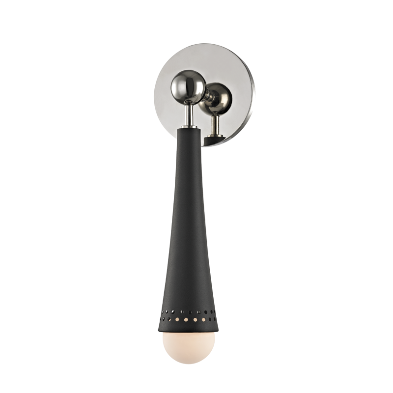 Tupelo Wall Sconce in polished nickel shown from a second angle to highlight the arm curve and shade silhouette.