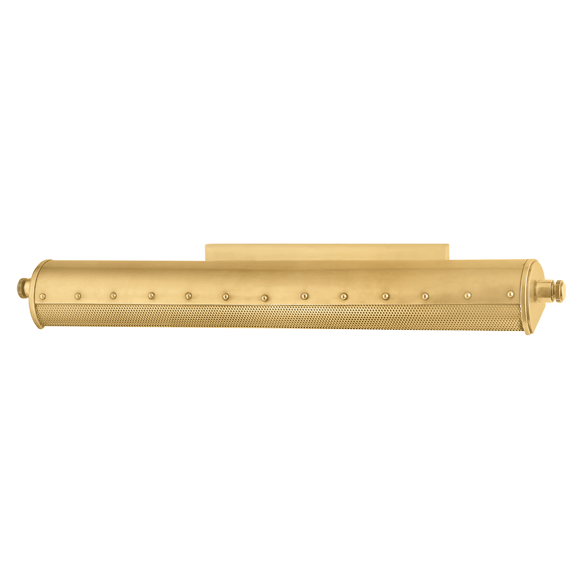 Close-up of the Gaines Picture Light in aged brass showing the arm curve and shade silhouette.
