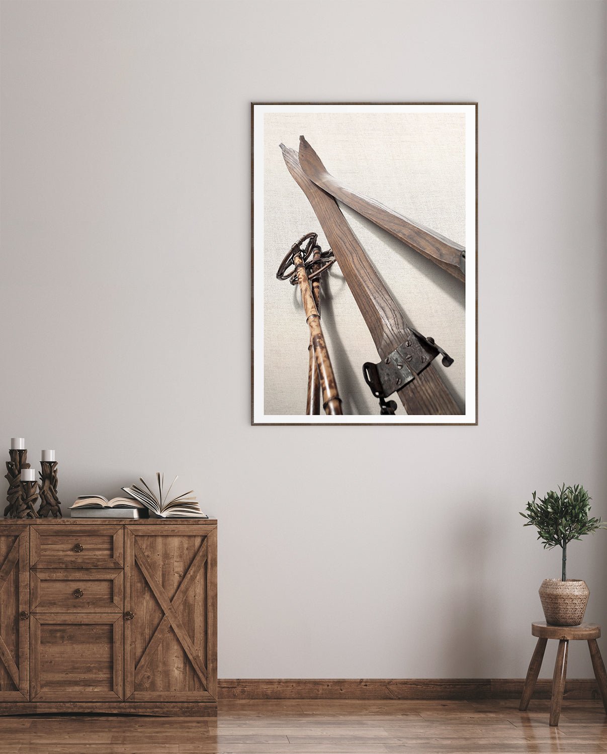 Vintage Ski Equipment — figurative fine art print in neutral tones at Laurie Yapp Home