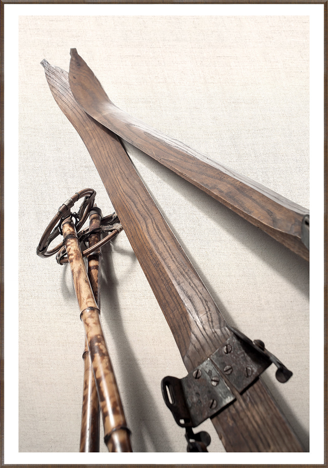 Vintage Ski Equipment — figurative fine art print in neutral tones at Laurie Yapp Home