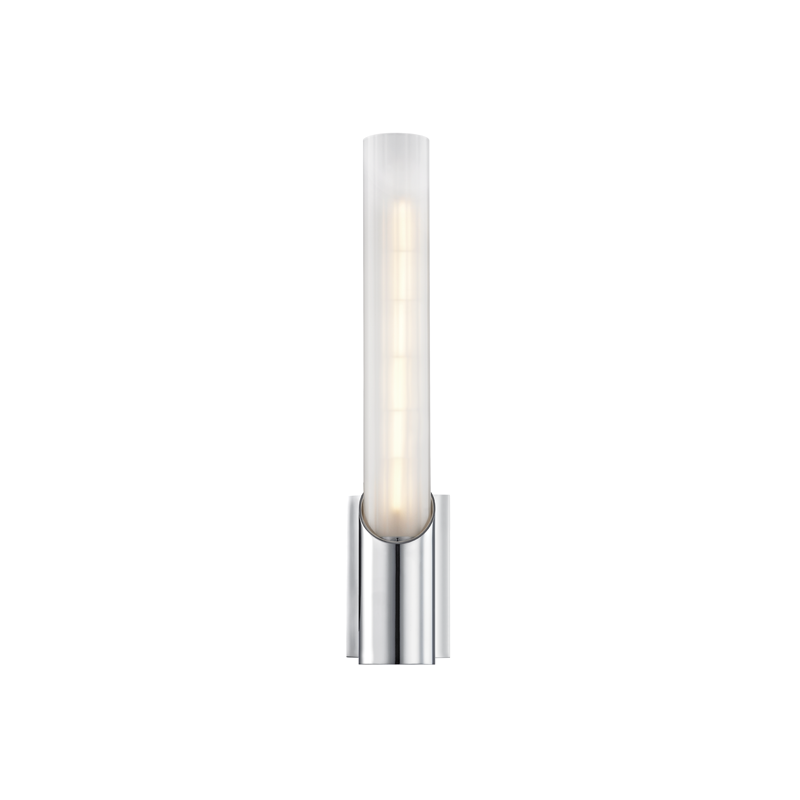 Pylon Wall Sconce 2.75" x 13.75" in polished chrome shown from a second angle to highlight the arm curve and shade silhouette.